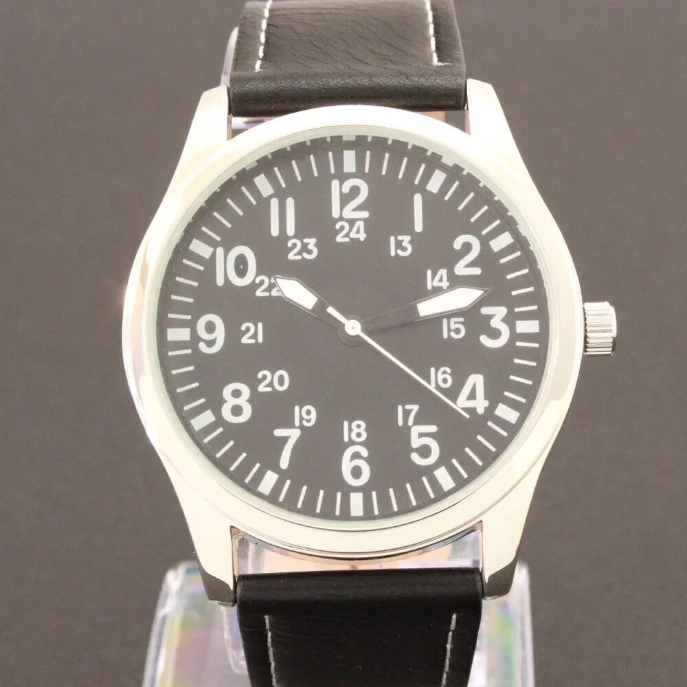 Men's Quartz Field Watch Silver Case Black Leather Strap 42mm - Picture 6 of 12